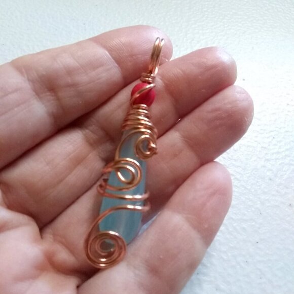 Eclectic Wire Wrapped Blue Agate Teardrop w. Pink Top Bead ~ Handmade Pendant - Picture 6 of 8
